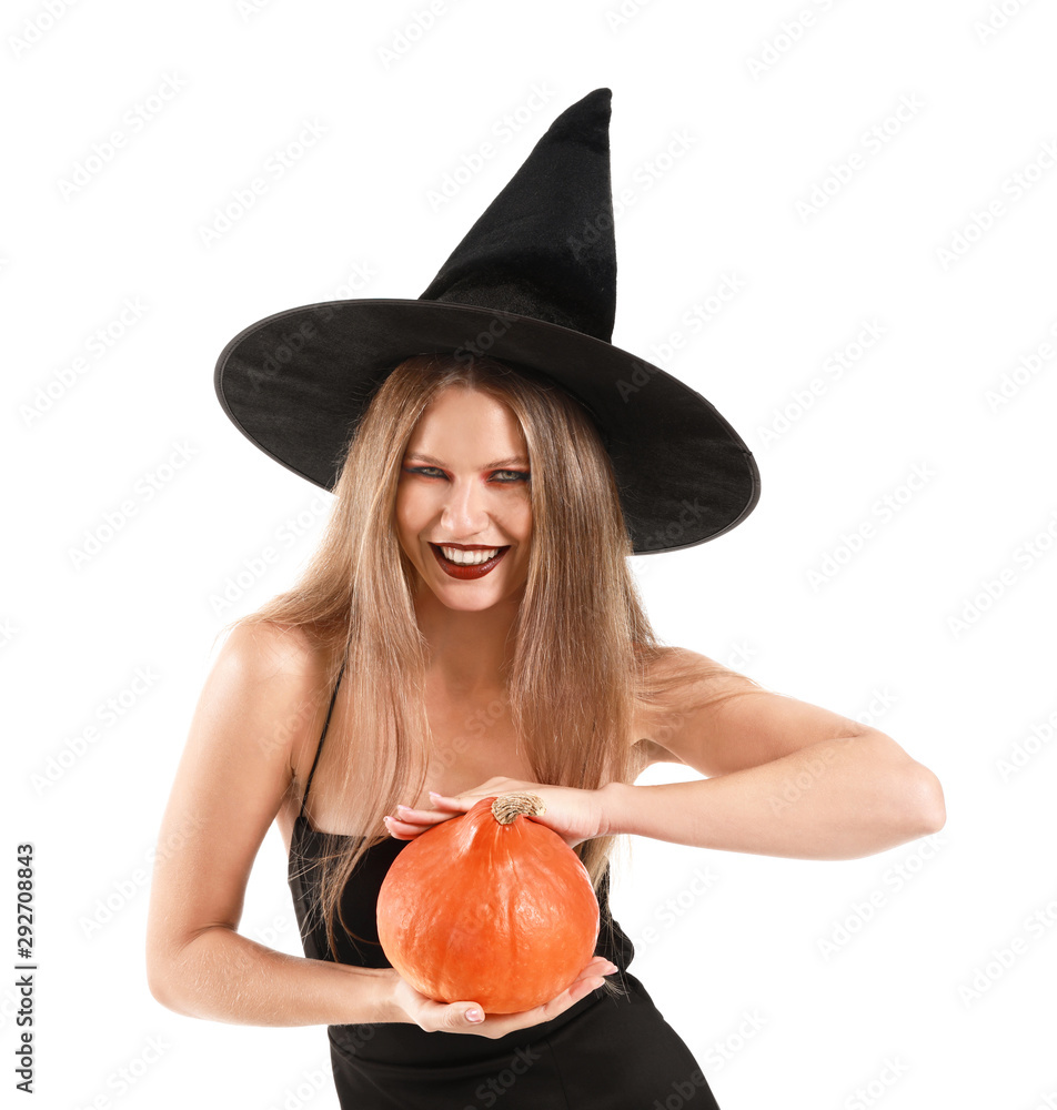 Beautiful woman dressed as witch for Halloween on white background Beautiful woman dressed as witch for Halloween on white background
