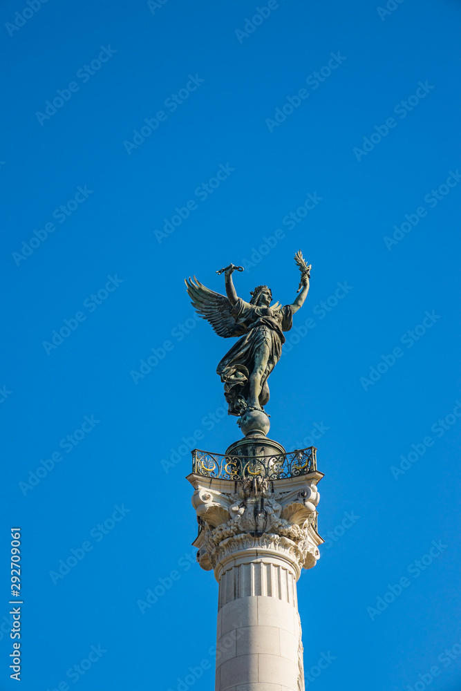 Monument aux Girondins, statue on top of the column, famous fountain on the Place des Quinconces square in Bordeaux