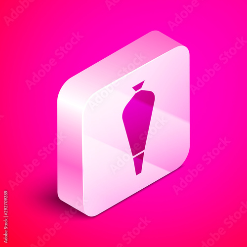 Isometric Pastry bag for decorate cakes with cream icon isolated on pink background. Kitchenware and utensils. Silver square button. Vector Illustration