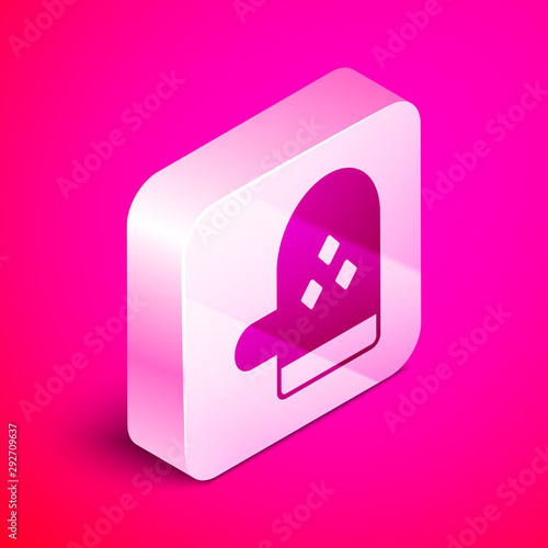 Isometric Oven glove icon isolated on pink background. Kitchen potholder sign. Cooking glove. Silver square button. Vector Illustration