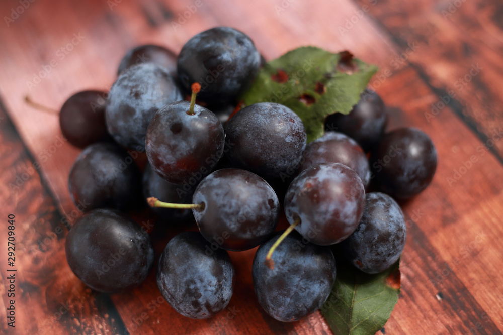 Fototapeta premium blue plums from his garden on a wooden table
