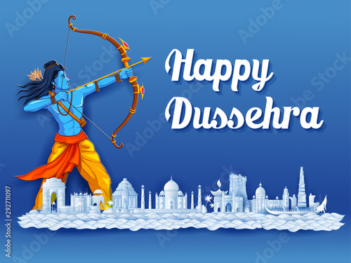 illustration of Lord Rama in Navratri festival of India poster with message in Hindi meaning wishes for Dussehra photo