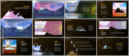 Presentations design, vector templates. Background for tourist camp, nature tourism, camping. Aadventure design concept. Multipurpose template for presentation slide, flyer leaflet, brochure cover.