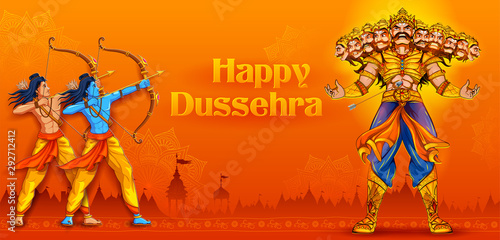 illustration of Lord Rama and Ravana in Dussehra Navratri festival of India poster