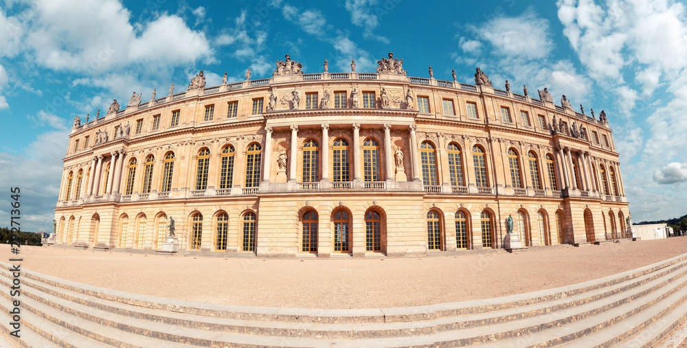 The main building of the Royal Palace of Versailles, the main residence of Louis. Tourist and historical attractions of France