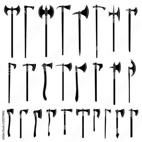 Set of simple monochrome images of medieval axes and hatchets.