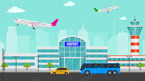 Royalty-free stock vector ID: 1174199608 Vector airport illustration with a plane takes off. Flat airport concept and city landscape. Taxi and bus near airport. Passengers coming to airport by bus and