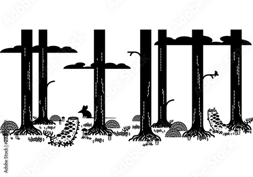 Black graphic drawing, flat forest horizontal seamless pattern, with pine trees, plants, roots, mushrooms and animals. Wallpaper, textile, decor, vector illustration, isolated on background.