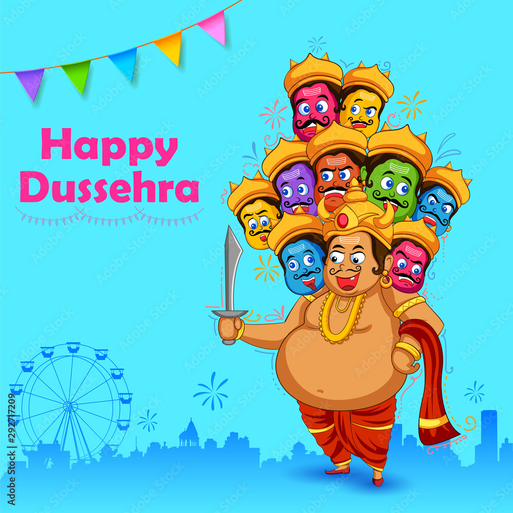 Naklejka premium illustration of Ravana with ten heads for Navratri festival of India poster for Dussehra