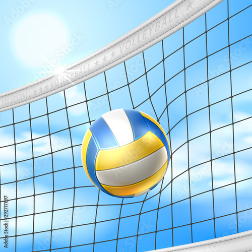 Vector realistic beach volley ball in net blue sky