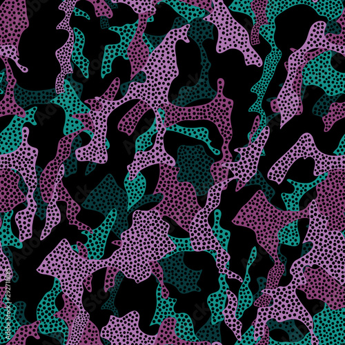 Abstract spotted vector seamless pattern. Bright Turquoise and purple dotted spots on black background. Template for design, textile, wallpaper, wrapping, carton, banner.