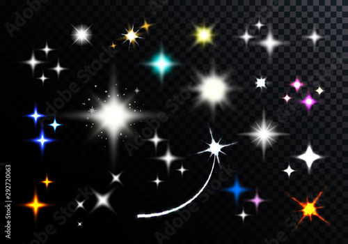 Set of Sparkling and Twinkling Stars. Vector Shiny Iridescent Light Beams. Transparent Bright Flash