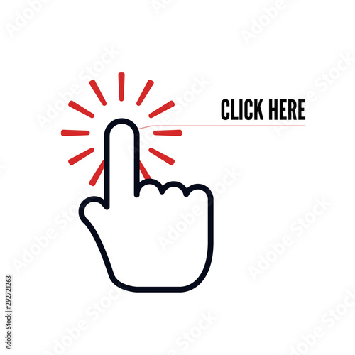 Hand cursor with animation of action and text click here on white background. Web icons element. Vector illustration