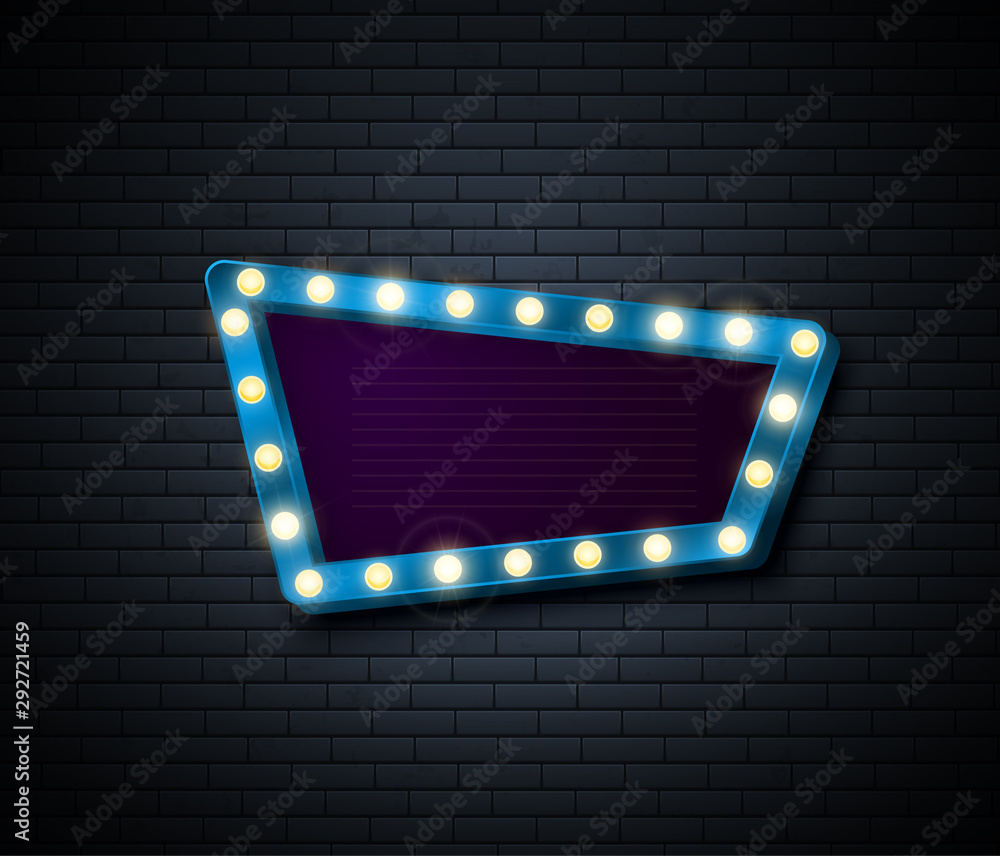Retro Sign. Signboard with shiny lights. Show advertising isolated on brick wall. Vector illustration