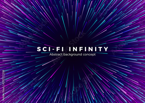Sci-fi Universe infinity. Abstract background travel through time and space. Futuristic neon poster. Trendy music banner template. Vector illustration