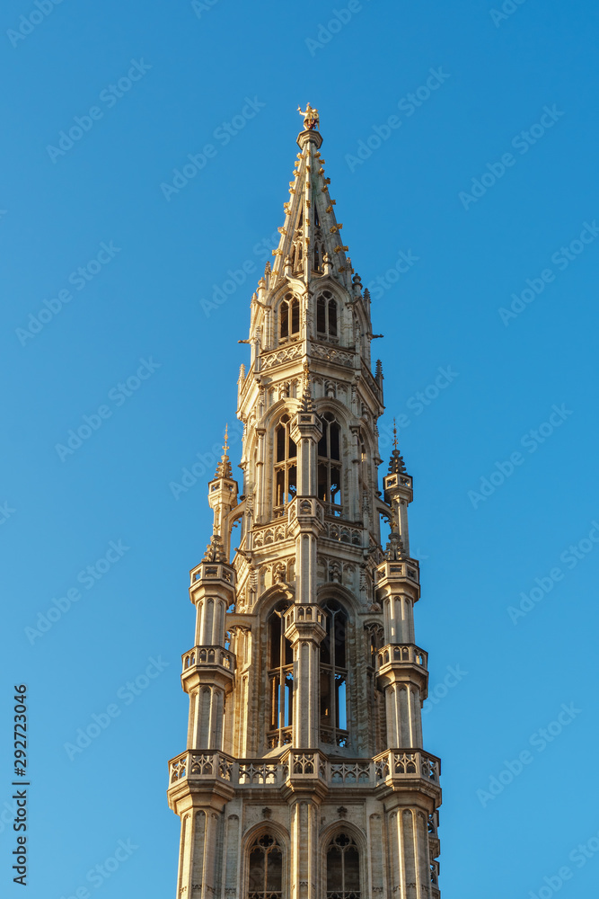 Tower Of The Beautiful Medieval City Hall Building In Brussels.
