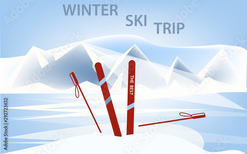Winter ski trip. Skis and ski poles - Mountains, snow, abstract background - illustration, vector. Winter sport. Sports banner.