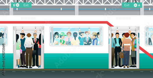 The subway train at the door is open and crowded with people.