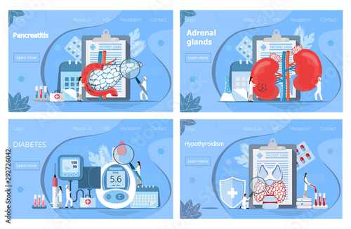 Adrenal glands, hypothyroidism concept. Tiny doctors treat pancreas, graves disease, diagnose diabetes