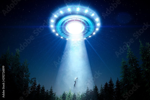Abducted man by a flying saucer with a bright light ray in the forest - 3D rendering