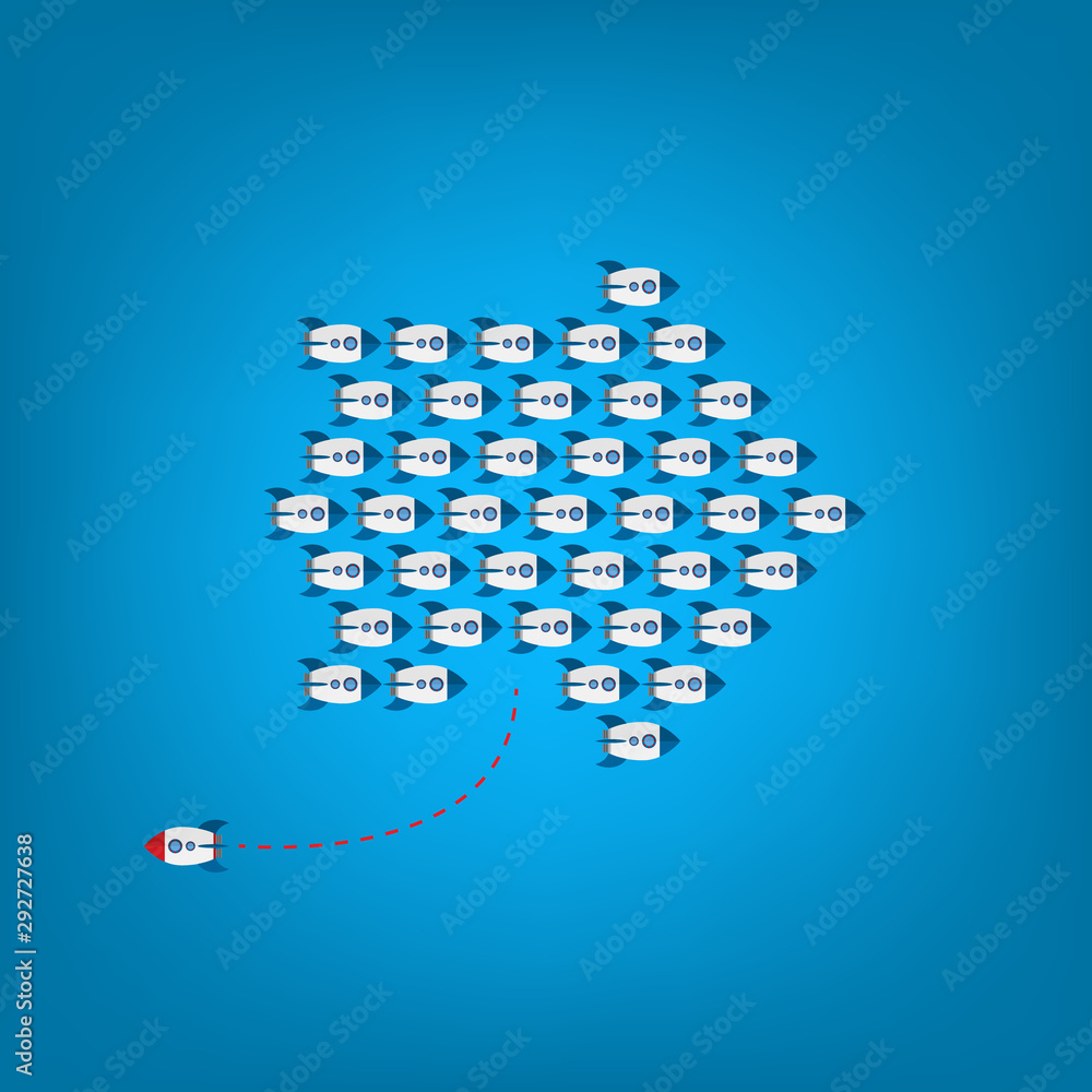 Think differently concept. Be different. Red rocket changing direction. New idea, change, trend, courage, creative solution, innovation and unique way concept. Think differently concept. Be different. Red rocket changing direction. New idea, change, trend, courage, creative solution, innovation and unique way concept.