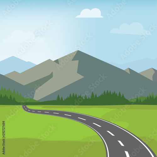 Country road in green field and mountains. Rural street illustration. Summer or spring landscape.