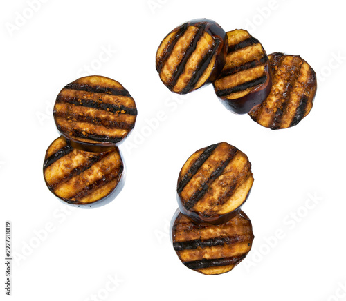 grilled chopped by circles eggplants  isolated on white background. Top view.