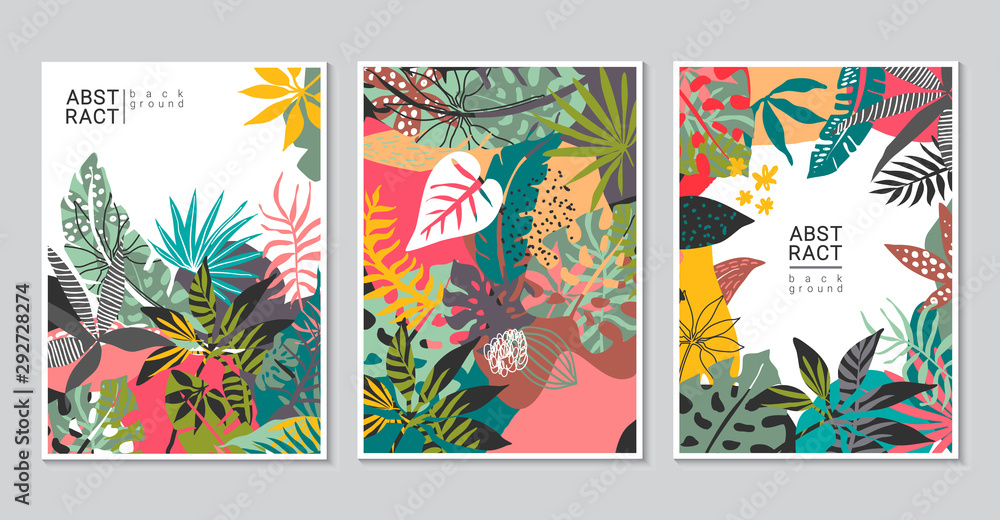 Vector collection of trendy creative cards with cut paper, floral exotic tropical elements, palm leaves - obrazy, fototapety, plakaty 