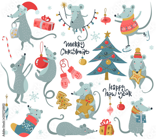 Vector collection of 2020 Chinese New Year simbol. Hand drawn set of cute mice with Santa hat, fir, gifts, garland.