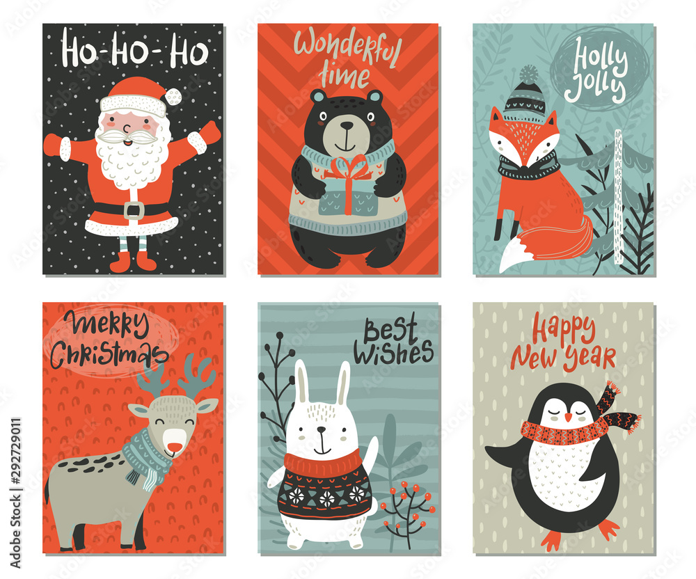 Fototapeta premium Vector set of six Christmas greeting cards with cute animals and holiday simbols.