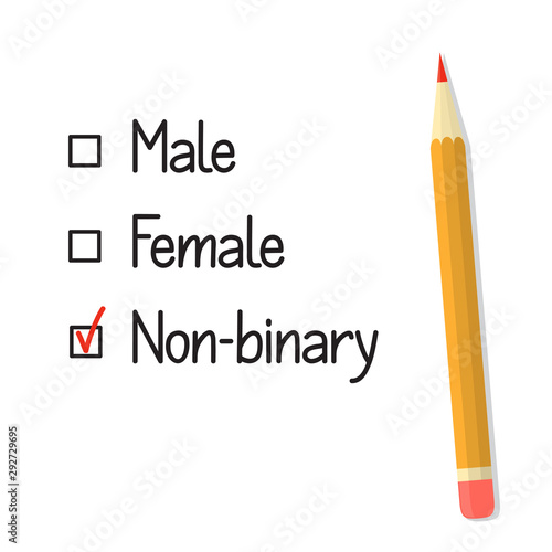 Check boxes with three gender options, red tick and pencil. Non binary gender identity concept 