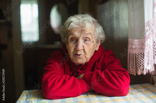 Closeup portrait of an elderly gray-haired woman. Old granny.