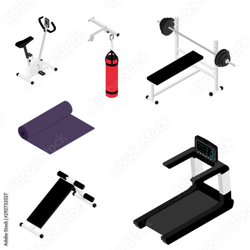Gym bench with barbell, gym bike, treadmill and boxing bag isolated on white background isometric view. Fitness home gym equipment