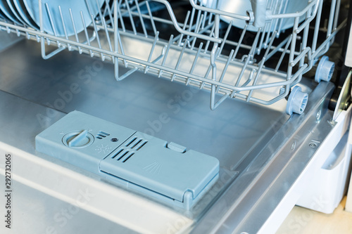 Dishwasher after cleaning process, close up