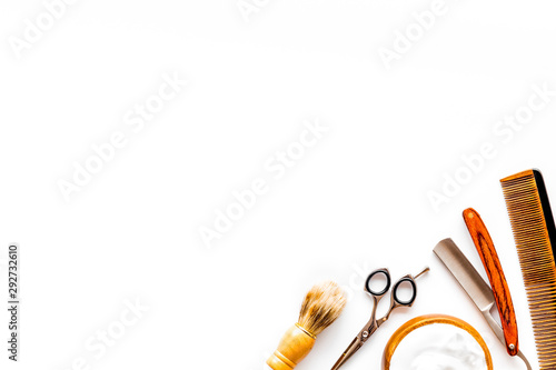Men's shaving accessories on white background top view copy space