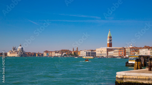 Venice panoramic landmark, aerial view of Piazza San Marco or st Mark square and The Basilica of St Mary of Health. Italy, Europe.