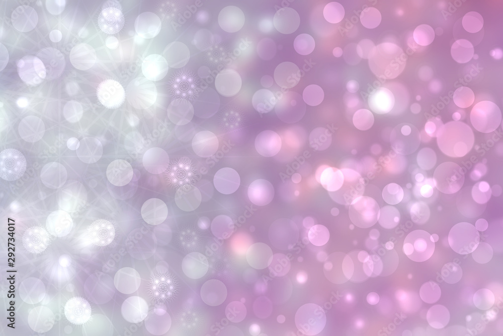 A festive abstract gradient pink gray silver background texture with glitter defocused sparkle bokeh circles and stars. Card concept for Happy New Year, party invitation, valentine or other holidays.