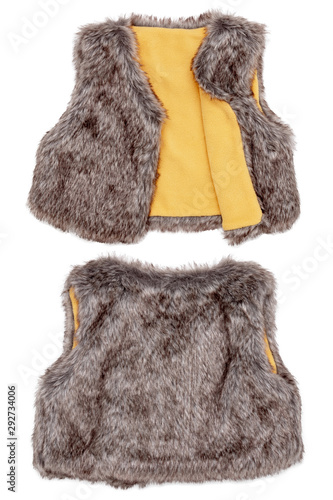 Fur vest. A brown fur vest with yellow wool lining fabric for the little girl isolated on a white background. Child spring and autumn fashion. Front and back view.