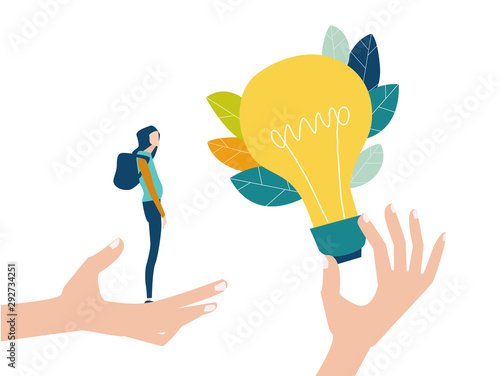Young woman, student looking at the light bulb. Developing, support and solving the problem business concept illustration.