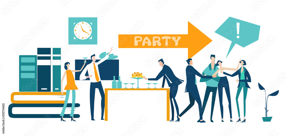 Happy young people at party in the office.  Men and women on the party. Happy birthday. Different people are having fun together.  - obrazy, fototapety, plakaty 