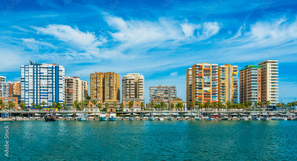 Obraz premium Panoramic beautiful sight in Malaga with skyscrapers and sea. Costa del Sol, Spain.