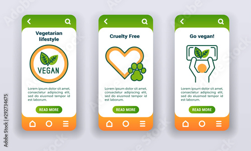 Vegetarianism on mobile app onboarding screens. UI UX GUI template.