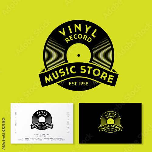 Vinyl Record with ribbon. Logo for vintage music store. Identity in engraving style. Business card.