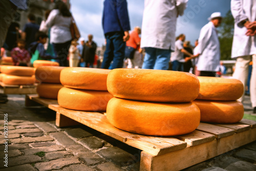 Holland cheese rounds at traditional market photo