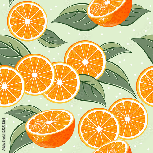 Seamless pattern. Orange juicy fruits leaves and flowers on light background.