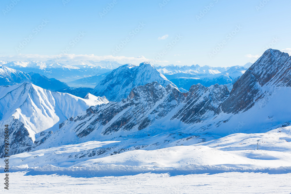 Panorama of winter alps mountains, sunny day, ski resort in region Germany