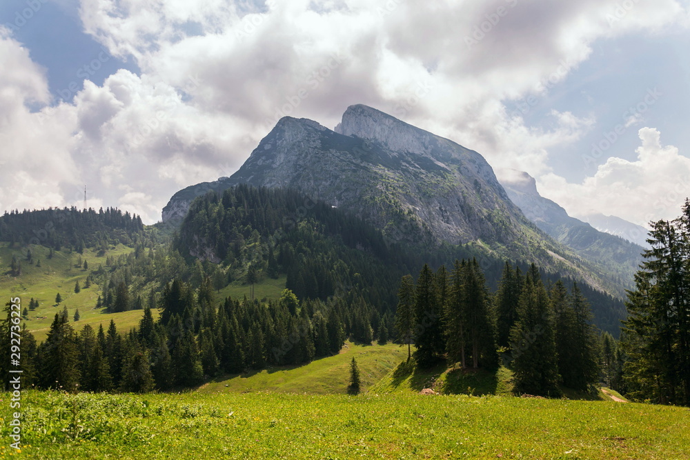 Fototapeta premium Top of the Grosser Donnerkogel Mountain in Alps, Gosau, Gmunden district, Upper Austria federal state, sunny summer day, clear blue sky, exploration wanderlust concept