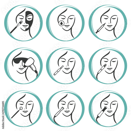 Set of outline Skin Care, Cosmetology of Face, Skin Treatment, Cosmetic Procedures icons. Vector illustration. Can be used as service icons, logos for skin clinic, spa salon and health concept.