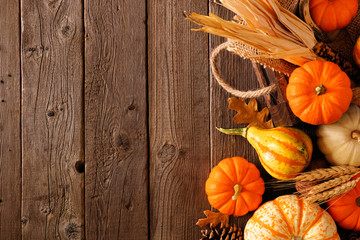 Fall side border of pumpkins, gourds and fall decor with harvest basket on a rustic wood background with copy space