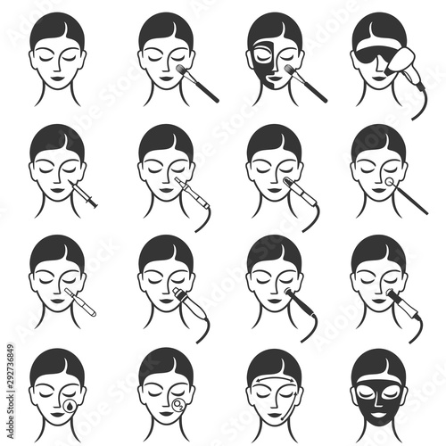 Set of outline Skin Care, Cosmetology of Face, Skin Treatment, Cosmetic Procedures icons. Vector illustration. Can be used as service icons, logos for skin clinic, spa salon and health concept.